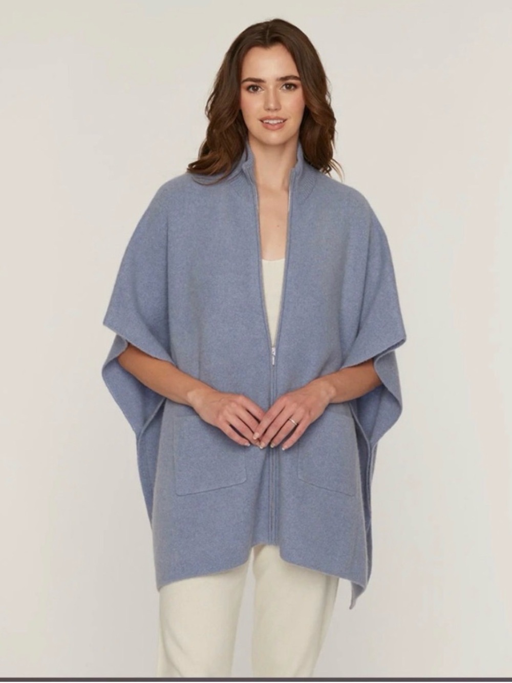 NWT The Cashmere Project 100% Cashmere Zip Poncho Cape Slate Blue OS MSRP $496